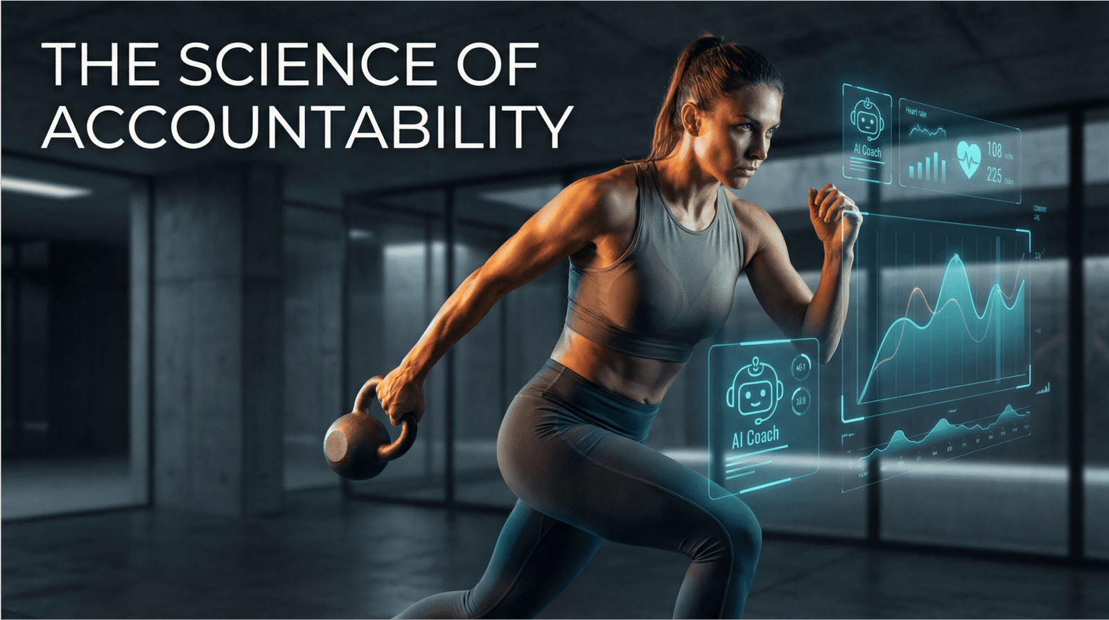 A female fitness model performing a kettlebell workout with glowing holographic AI coaching interfaces displaying health metrics and progress charts.