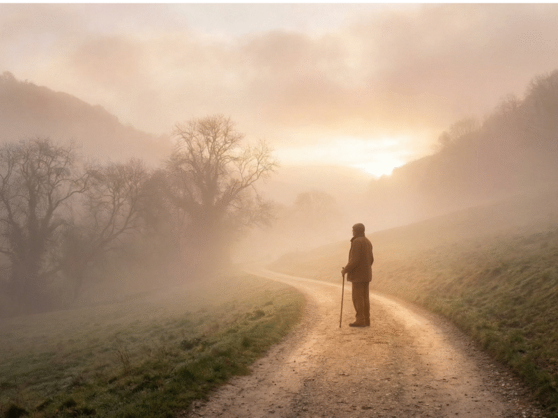 A dark television screen in a hospice room contrasting with a warm, sunlit bedside setting symbolizing the choice of presence.