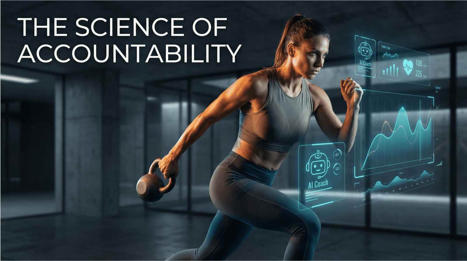 A female fitness model performing a kettlebell workout with glowing holographic AI coaching interfaces displaying health metrics and progress charts.