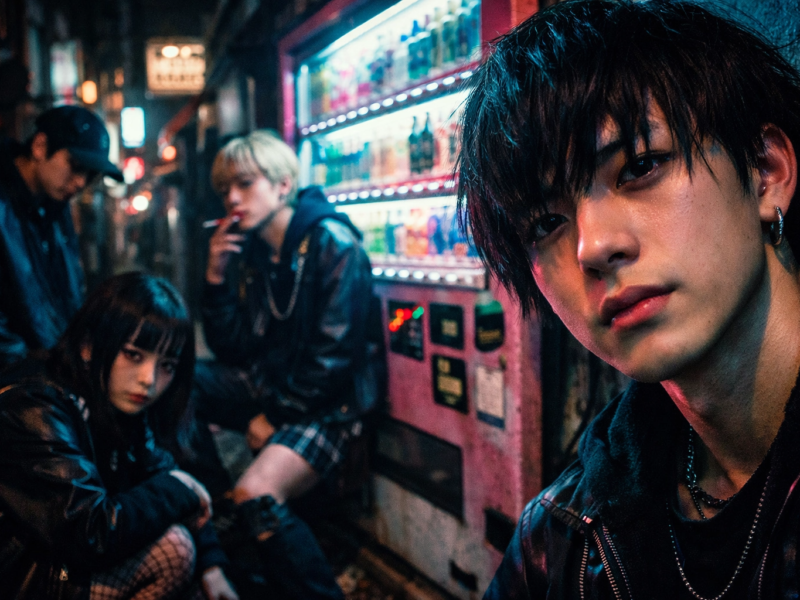 Edgy teenagers in a neon-lit Tokyo alley, reflecting on teen mental health challenges and digital life.