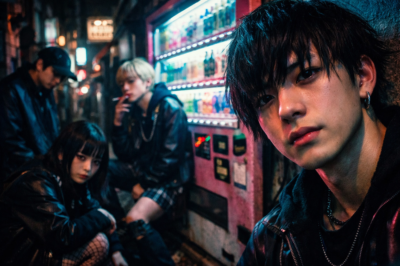 Edgy teenagers in a neon-lit Tokyo alley, reflecting on teen mental health challenges and digital life.